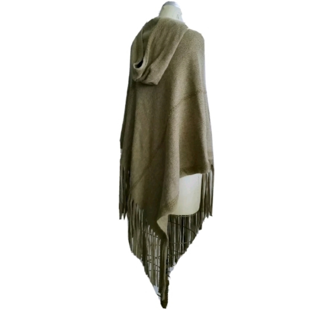 NEW Khaki Long Asymmetric Poncho w/ Hood, 1 sz - Picture 2 of 10